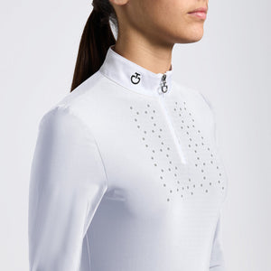 Cavalleria Toscana Girls' Long-Sleeve Zip Competition Shirt-White
