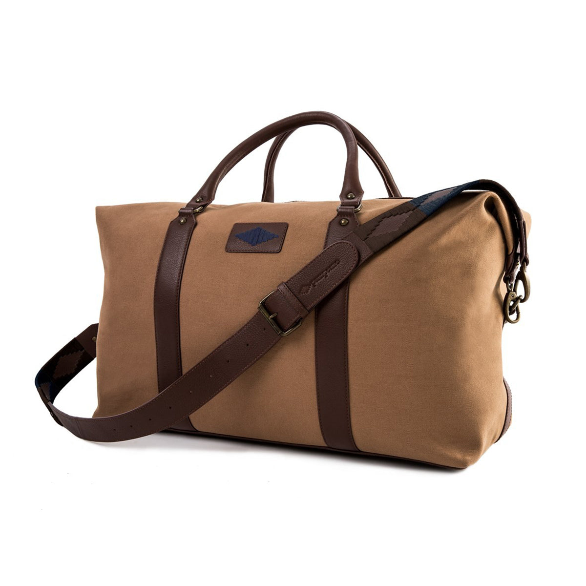 Pampeano Caballero Large Travel Bag - Brown Leather and Khaki Canvas with Navy Stitching